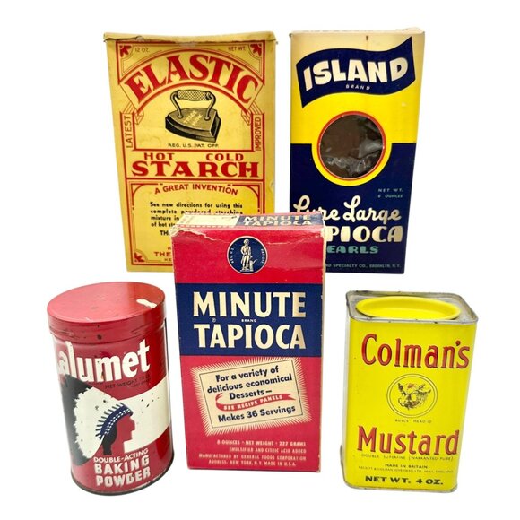 Set Of 5 Vintage Collectible Tins and Boxes Starch Tapioca Baking Powder Mustard - Picture 1 of 6